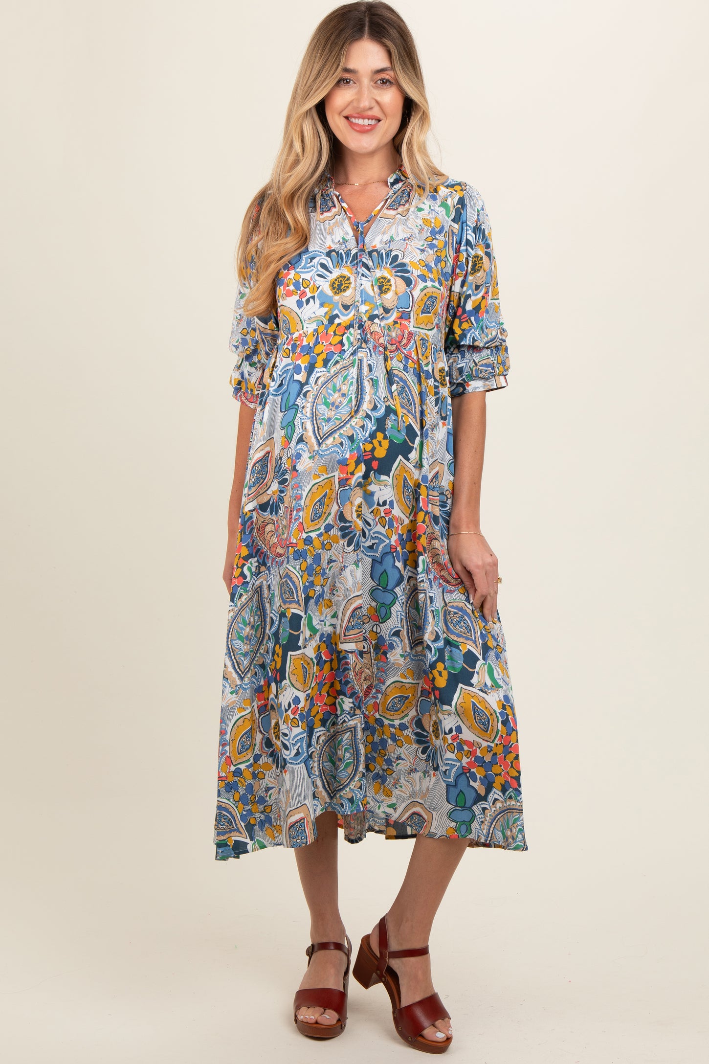 Blue Paisley Print Tiered A-Line Maternity Midi Dress