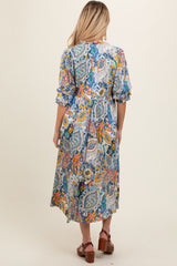 Blue Paisley Print Tiered A-Line Maternity Midi Dress