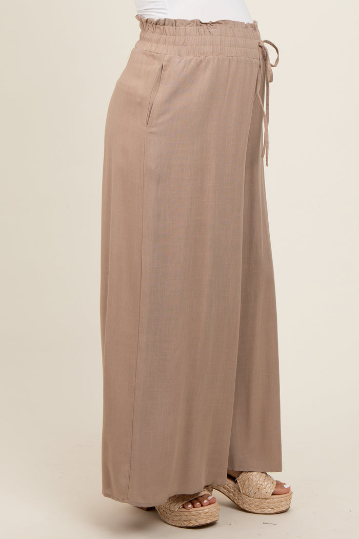 Taupe Wide Leg Smocked Lightweight Maternity Pants