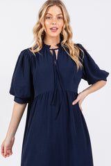 Navy Balloon Sleeve Split Neck Midi Dress