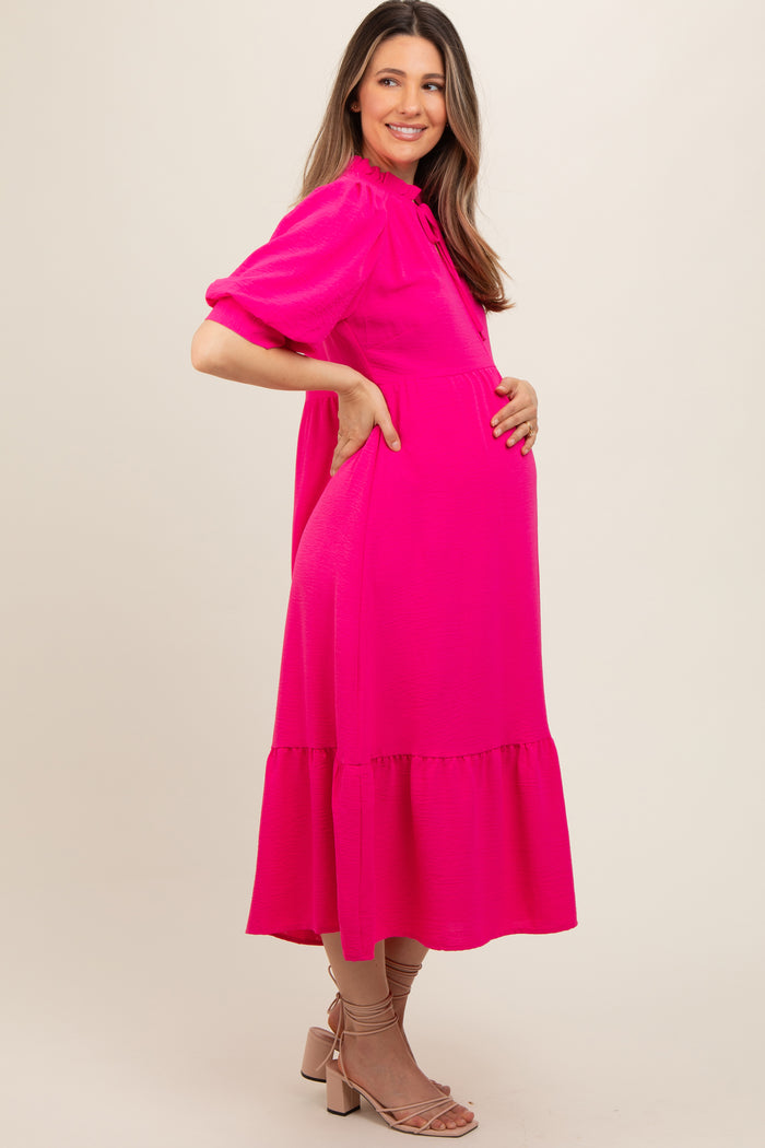 Fuchsia Balloon Sleeve Split Neck Maternity Midi Dress