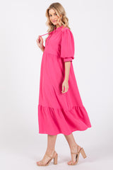 Fuchsia Balloon Sleeve Split Neck Midi Dress