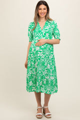 Green Floral V-Neck Tiered Maternity Midi Dress