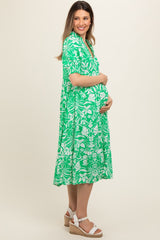 Green Floral V-Neck Tiered Maternity Midi Dress