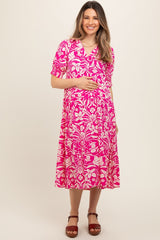 Fuchsia Floral V-Neck Tiered Maternity Midi Dress