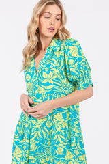 Turquoise Floral V-Neck Tiered Midi Dress