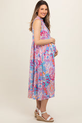 Lavender Floral Paisley Mock Neck Maternity Midi Dress