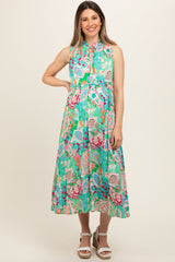 Emerald Green Floral Paisley Mock Neck Maternity Midi Dress