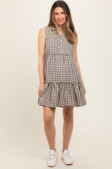 Black Gingham Button Front Collared Maternity Dress