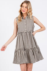 Black Gingham Button Front Collared Dress