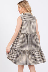 Black Gingham Button Front Collared Dress