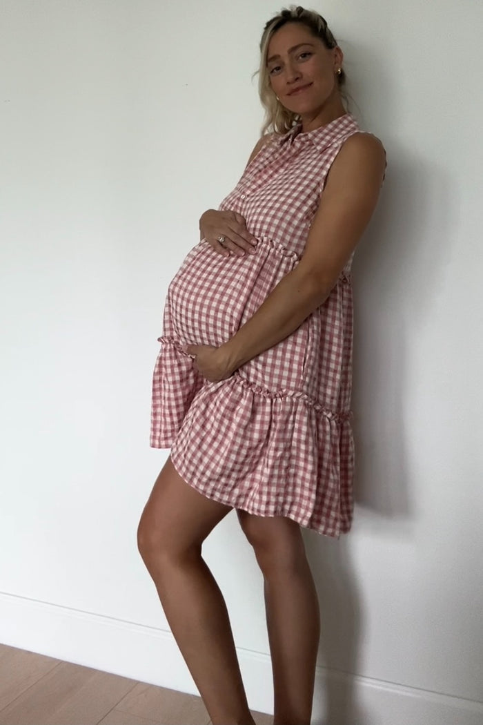 Pink Gingham Button Front Collared Maternity Dress