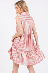 Pink Gingham Button Front Collared Dress