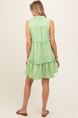 Green Gingham Button Front Collared Maternity Dress