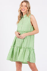 Green Gingham Button Front Collared Maternity Dress