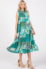 Emerald Green Floral Paisley Tassel Tie Ruffle Hem Midi Dress