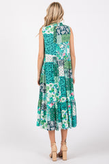 Emerald Green Floral Paisley Tassel Tie Ruffle Hem Midi Dress