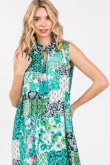 Emerald Green Floral Paisley Tassel Tie Ruffle Hem Midi Dress