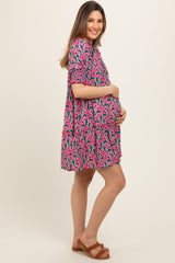 Pink Floral Front Tie Puff Sleeve Maternity Dress