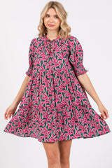 Pink Floral Front Tie Puff Sleeve Maternity Dress