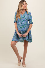 Blue Floral Front Tie Puff Sleeve Maternity Dress