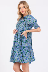 Blue Floral Front Tie Puff Sleeve Dress