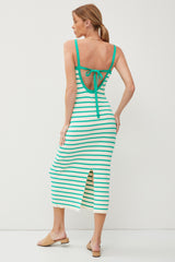 Green Low Back Striped Dress