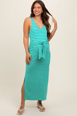 Turquoise Striped Front Tie Maternity Dress