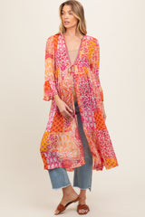 Pink Floral Paisley Metallic Striped Tie Front Maternity Cover Up