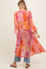 Pink Floral Paisley Metallic Striped Tie Front Maternity Cover Up