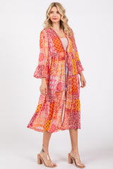 Pink Floral Paisley Metallic Striped Tie Front Cover Up