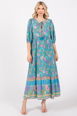 Turquoise Floral Tassel Tie Maxi Dress