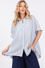 Blue Striped Button Up Collared Short Sleeve Maternity Top