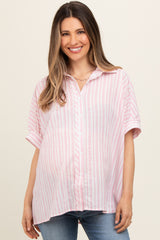 Pink Striped Button Up Collared Short Sleeve Maternity Top
