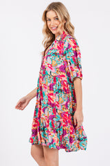 Pink Floral Button Short Sleeve Dress