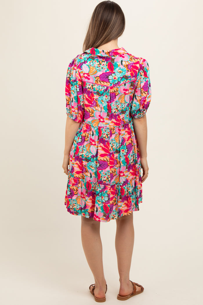 Pink Floral Button Short Sleeve Maternity Dress