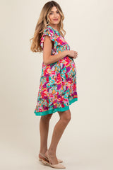 Pink Multicolor Ruffle Accent Maternity Dress