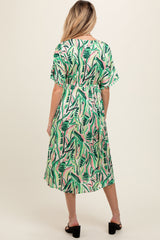 Green Embroidered V-Neck Short Pom Sleeve Maternity Midi Dress