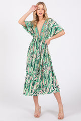 Green Embroidered V-Neck Short Pom Sleeve Maternity Midi Dress