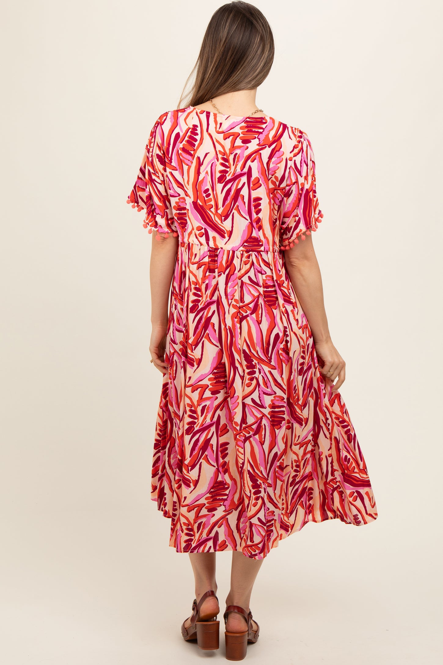 Orange Embroidered V-Neck Short Pom Sleeve Maternity Midi Dress