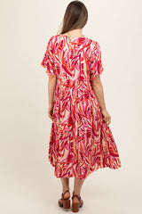 Orange Embroidered V-Neck Short Pom Sleeve Maternity Midi Dress