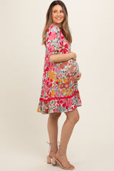 Pink Floral V Neck Half Sleeve Maternity Dress