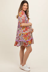 Lavender Floral V Neck Half Sleeve Maternity Dress