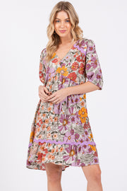 Lavender Floral V Neck Half Sleeve Dress