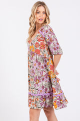 Lavender Floral V Neck Half Sleeve Dress