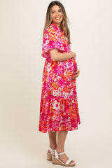 Pink Floral Satin Ruffle Short Flutter Sleeve Maternity Midi Dress