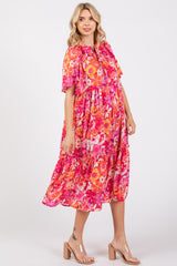 Pink Floral Satin Ruffle Short Flutter Sleeve Midi Dress