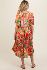 Cream Floral Satin Ruffle Short Flutter Sleeve Maternity Midi Dress