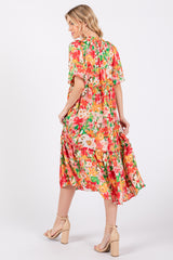 Cream Floral Satin Ruffle Short Flutter Sleeve Midi Dress