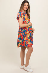 Blue Floral Ruffle Tiered V-Neck Maternity Dress